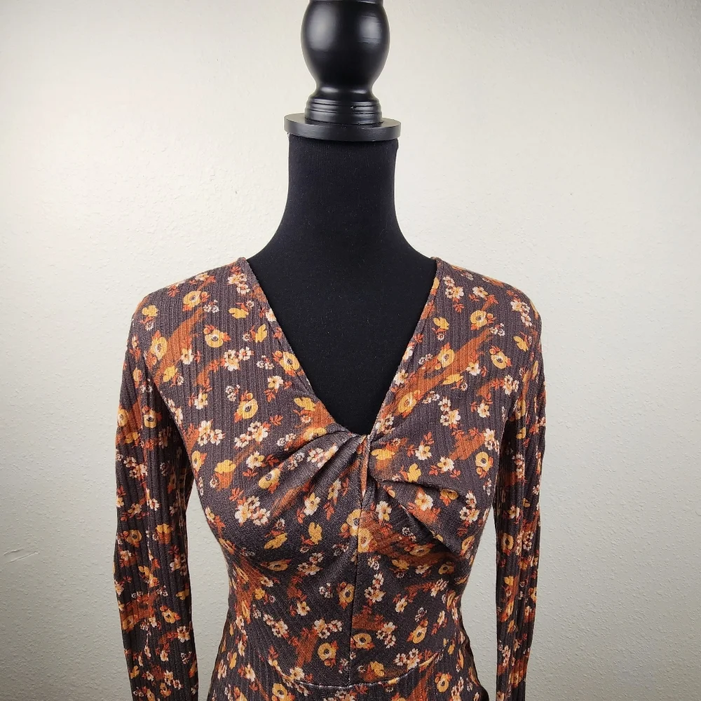 Retro 70's Brown Orange Floral Long Sleeve Prairie Midi Dress Women's Size 2, XS - Picture 2 of 8